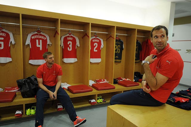 Petr Cech pictured in the Arsenal changing room before kick-off