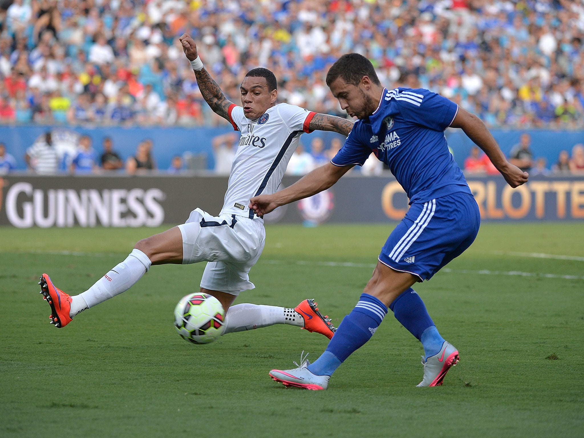Eden Hazard in action for Chelsea during their friendly win against PSG in North Carolina. Chelsea won 6-5 on penalties after a Victor Moses goal had earned a 1-1 draw