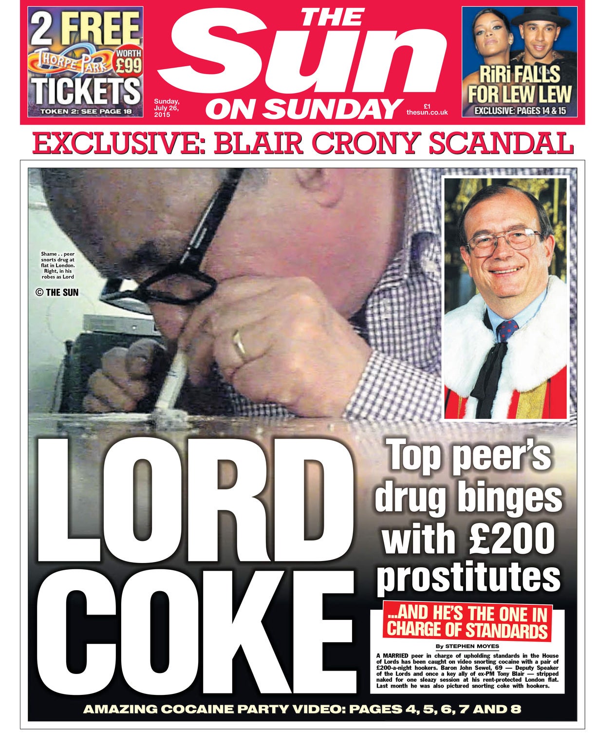 The Sun on Sunday published the video of Lord Sewel allegedly snorting cocaine with two sex workers