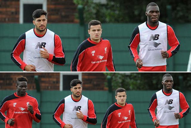 Before and after: Liverpool posted a picture (top) that clearly cropped out Balotelli (bottom)