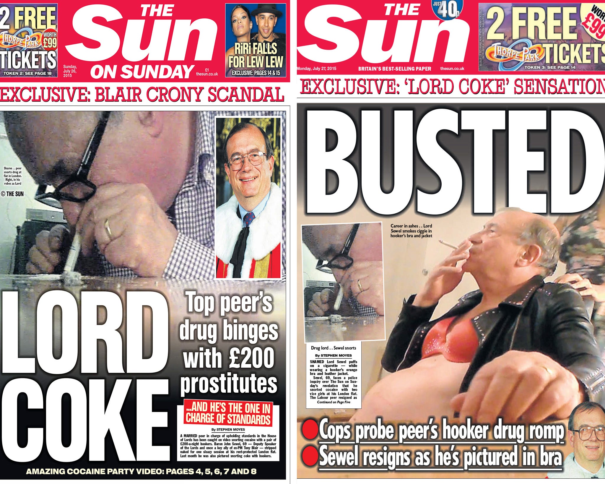 Pictures of Lord Sewel emerged in two separate articles for the Sun and Sun on Sunday