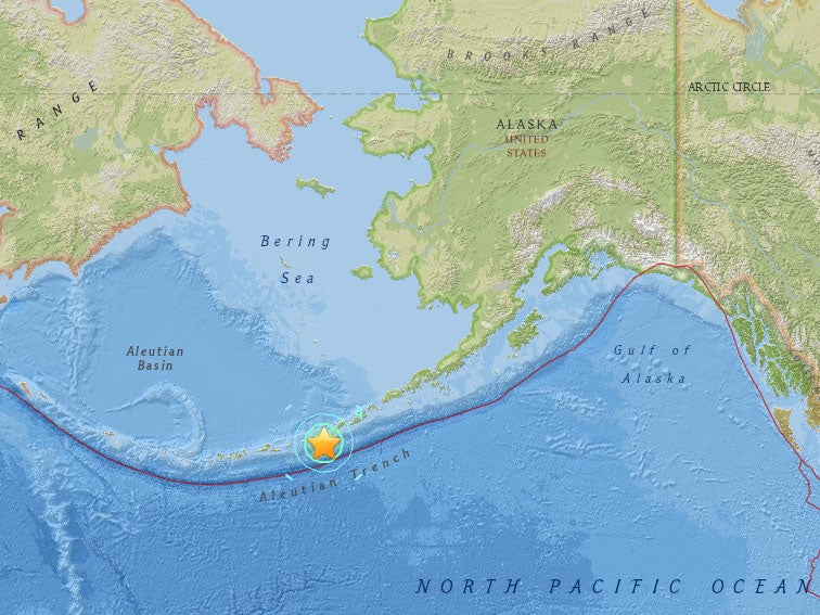 An map showing where the quake hit the Aleutian Islands, according to USGS
