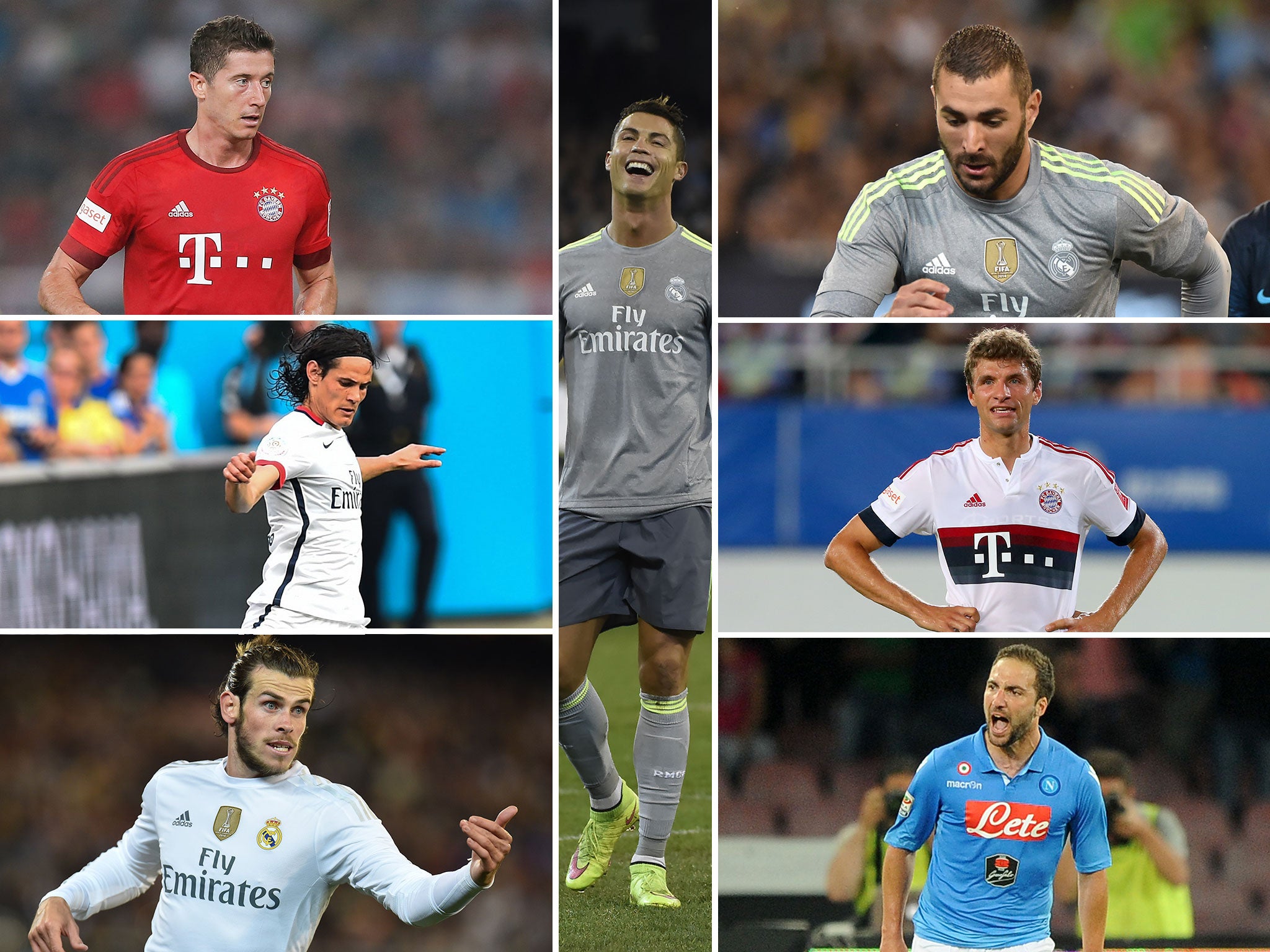 Robert Lewandowski, Edinson Cavani, Gareth Bale, Cristiano Ronaldo, Karim Benzema, Thomas Muller and Gonzalo Higuain