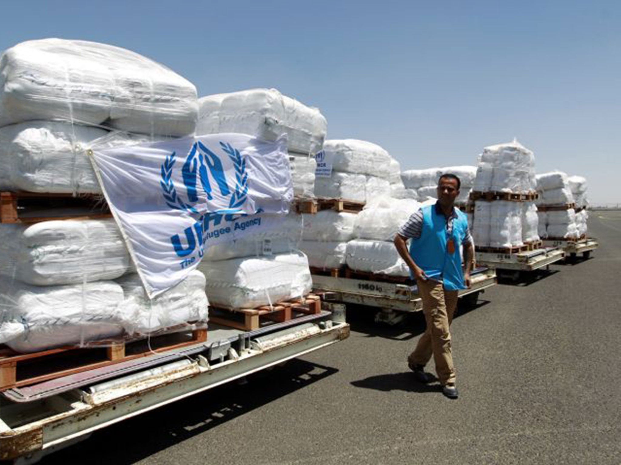 Emergency medical aid provided by United Nations High Commissioner for Refugees (UNHCR) is unloaded at the international airport in Sanaa (AFP)