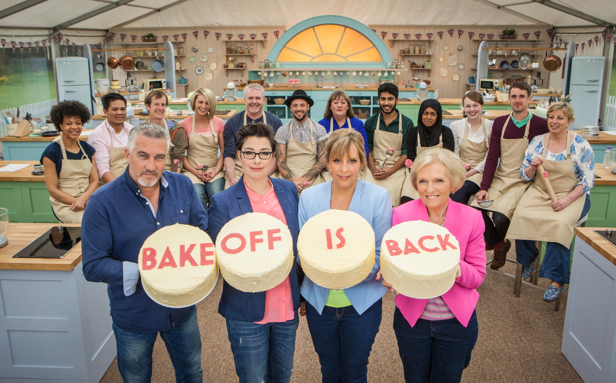 The presenters and contestants of the Great British Bake Off