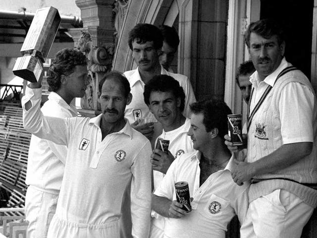 Rice holds the NatWest Trophy aloft on the balcony with his county teammates at Lord's in 1987