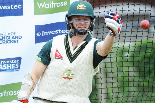 Chris Rogers in the Australia nets tests his fitness ahead of a decision on whether he plays at Edgbaston