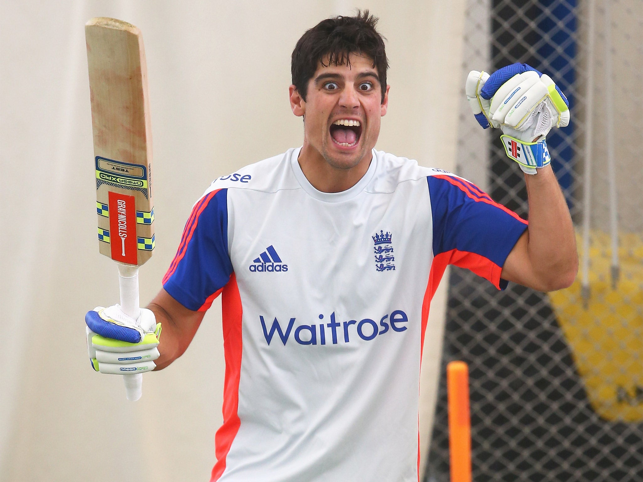 England captain Alastair Cook shows his delight during the indoor nets session ahead the third Ashes Test at Edgbaston