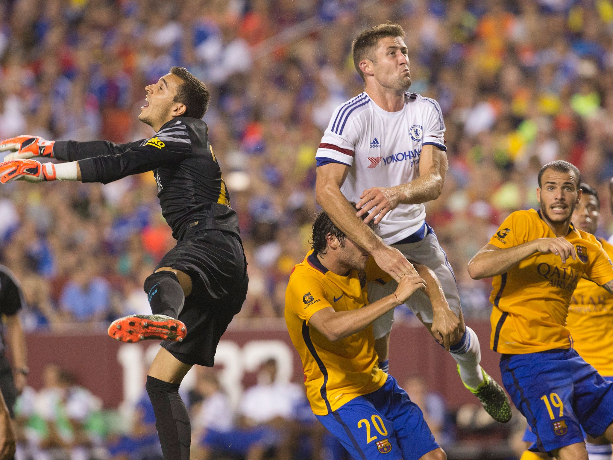 Gary Cahill heads in to score against Barcelona