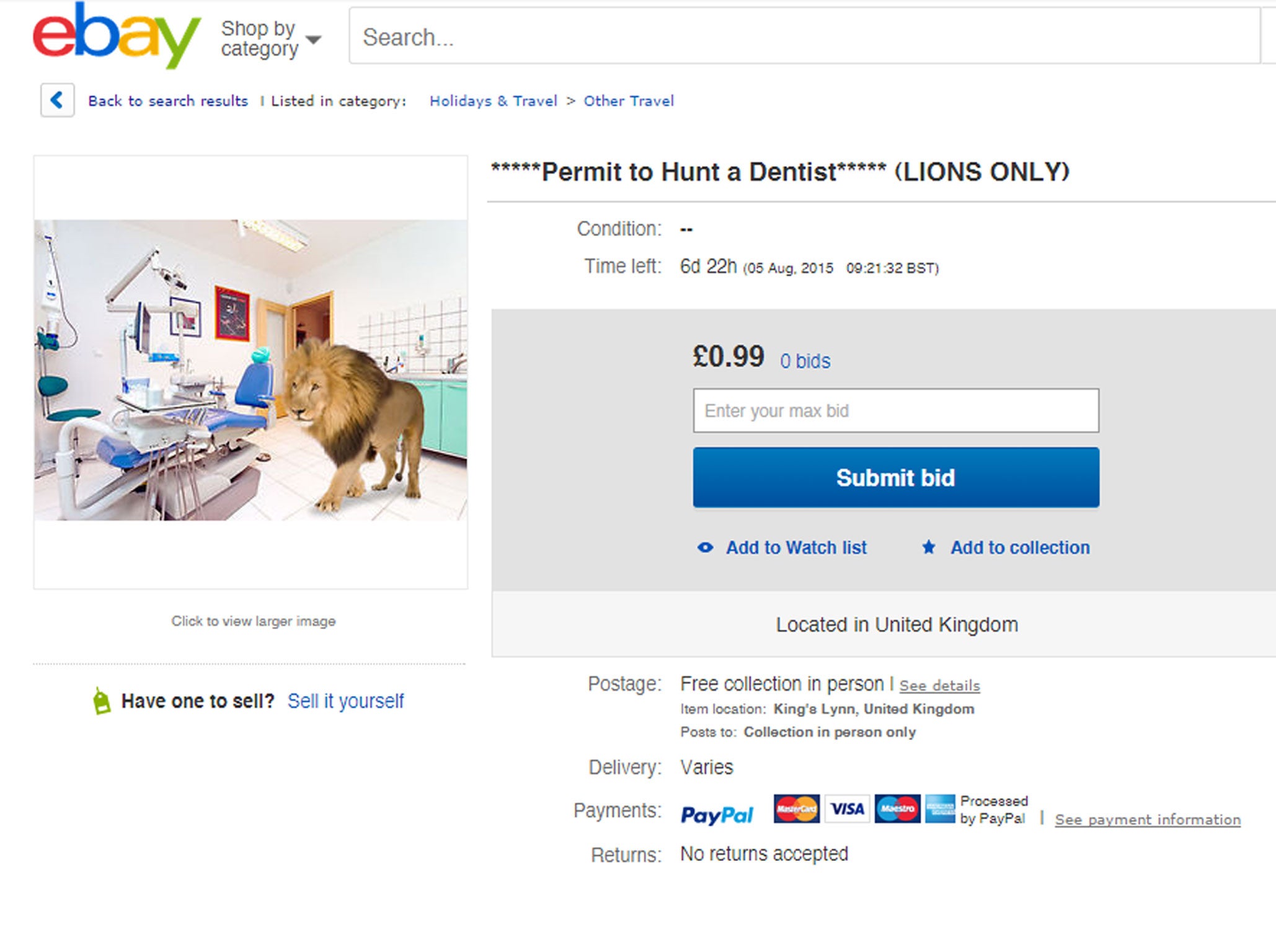 A mock listing for a permit to hunt a dentist on eBay