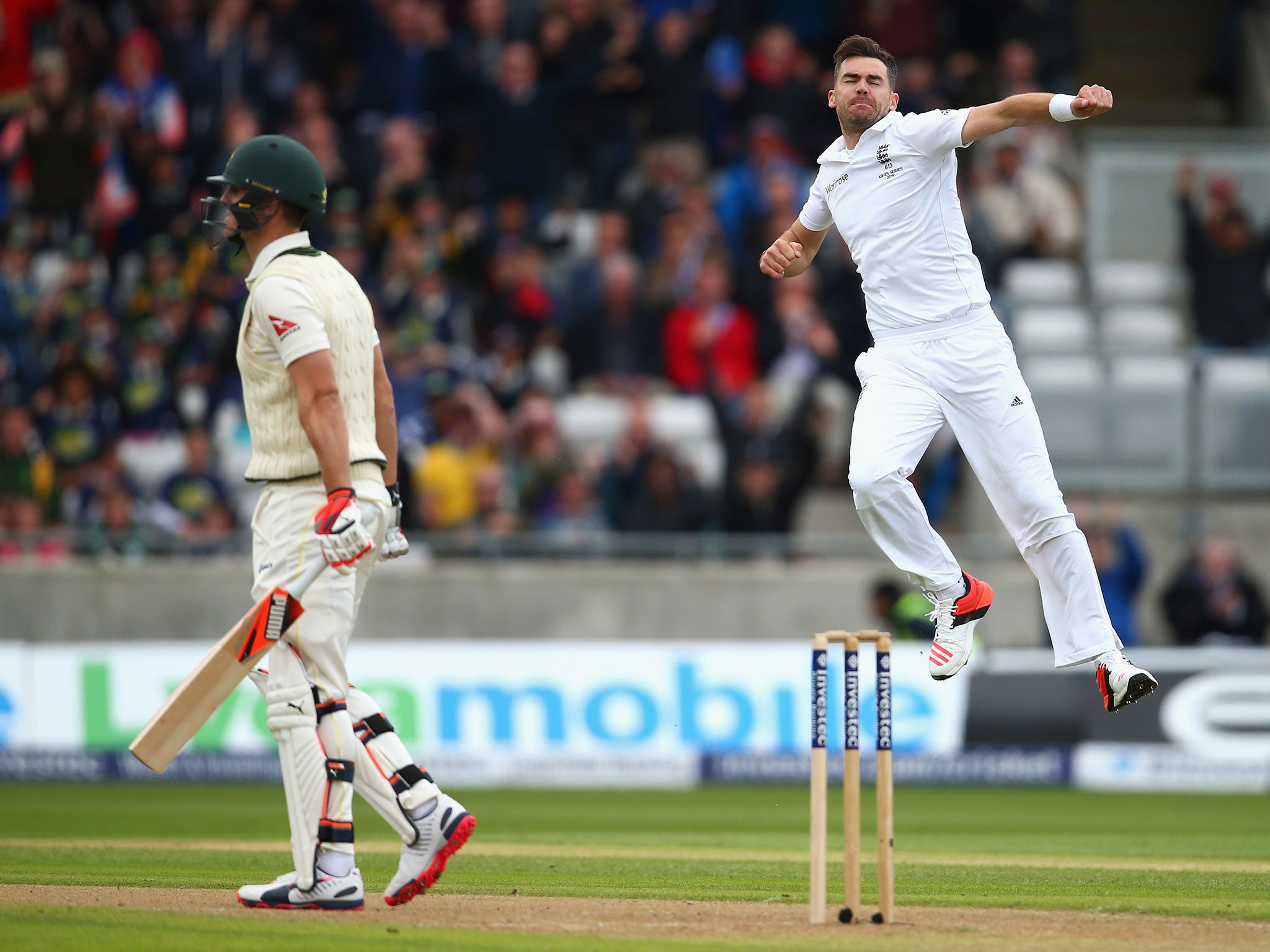 James Anderson leaps for joy after dismissing Mitchell Marsh for a duck