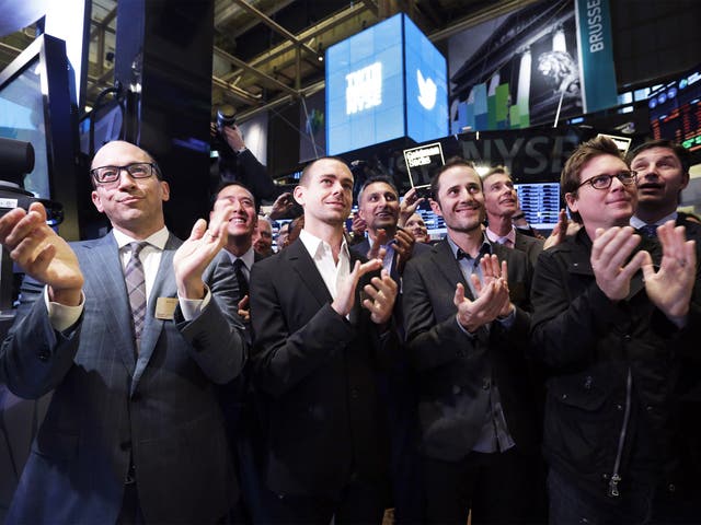 Going up:  Twitter’s founders, including Jack Dorsey (second from left) at the New York Stock Exchange