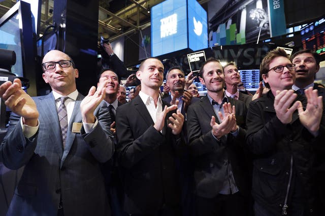 Going up:  Twitter’s founders, including Jack Dorsey (second from left) at the New York Stock Exchange