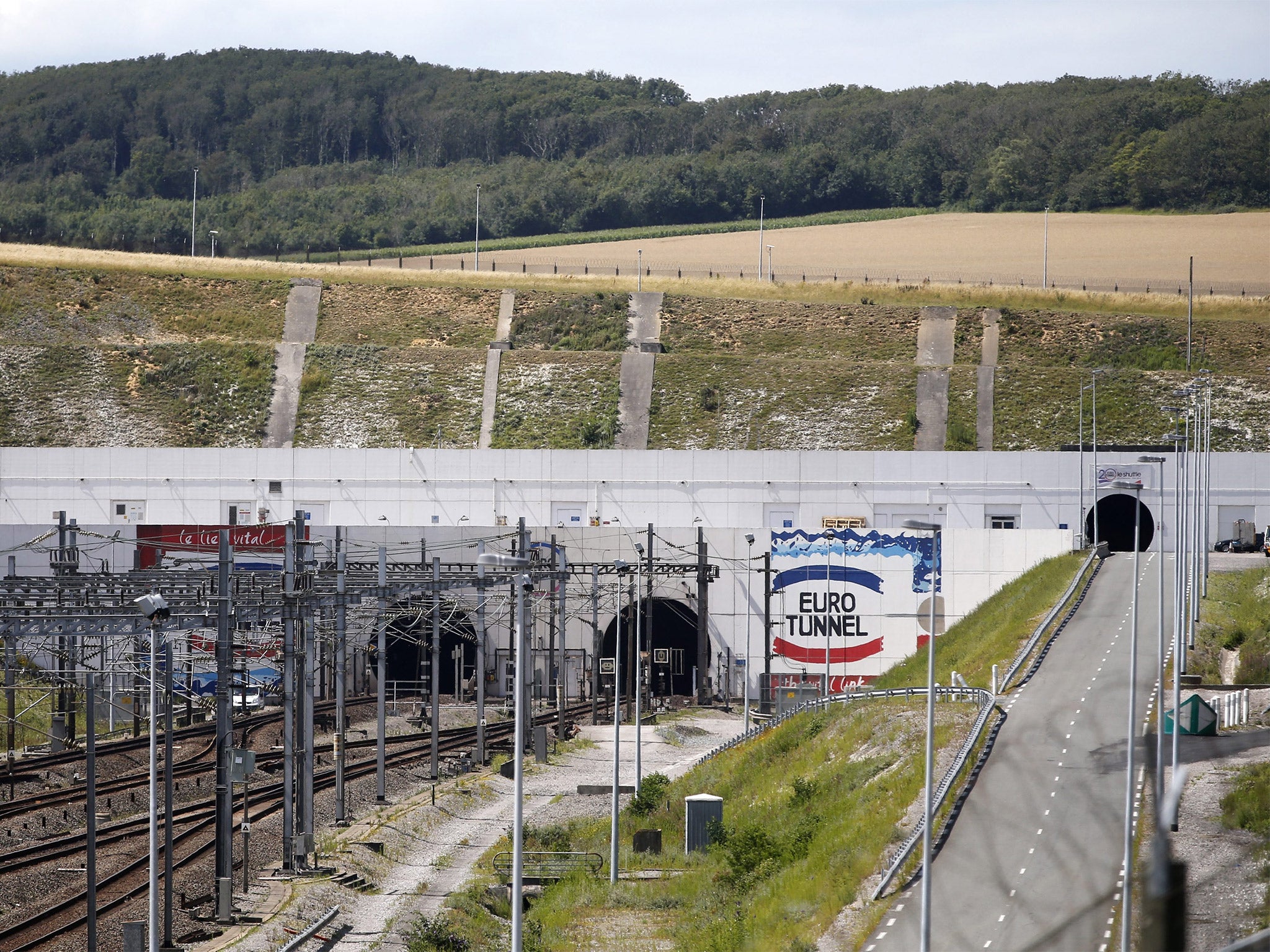 The entrance of the channel tunnel in Coquelles, near Calais