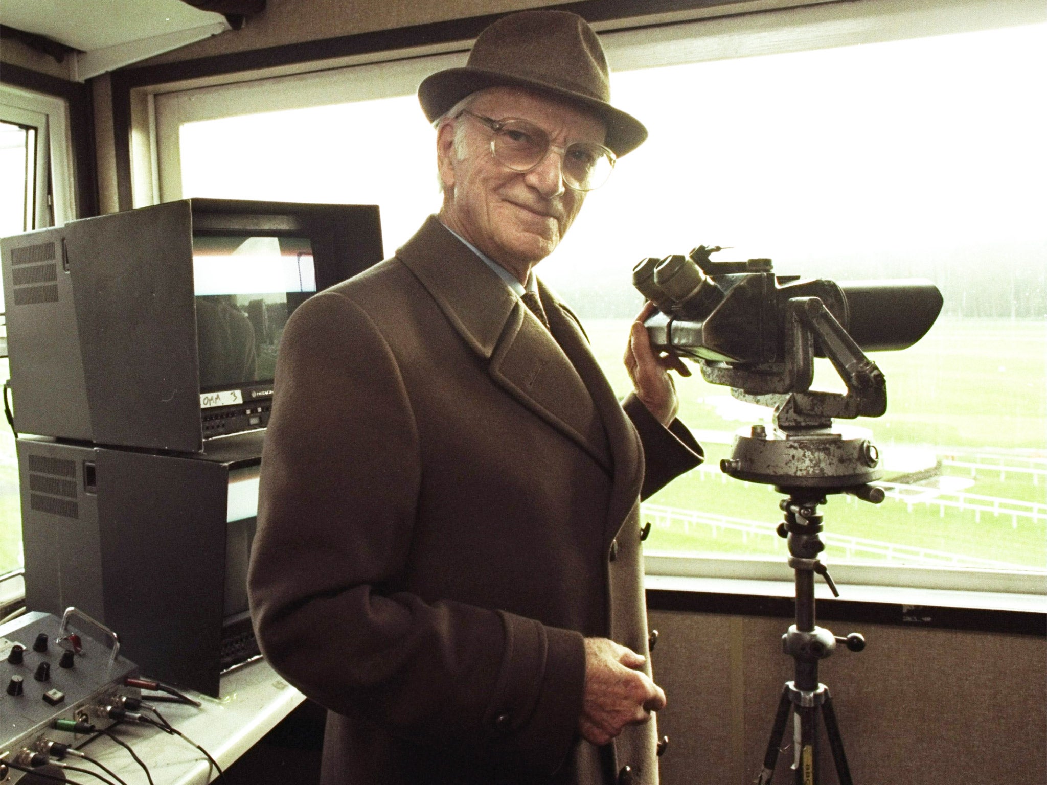 Peter O’Sullevan in the commentary box at Newbury on Hennessy Gold Cup day in November 1997, his last day working for the BBC