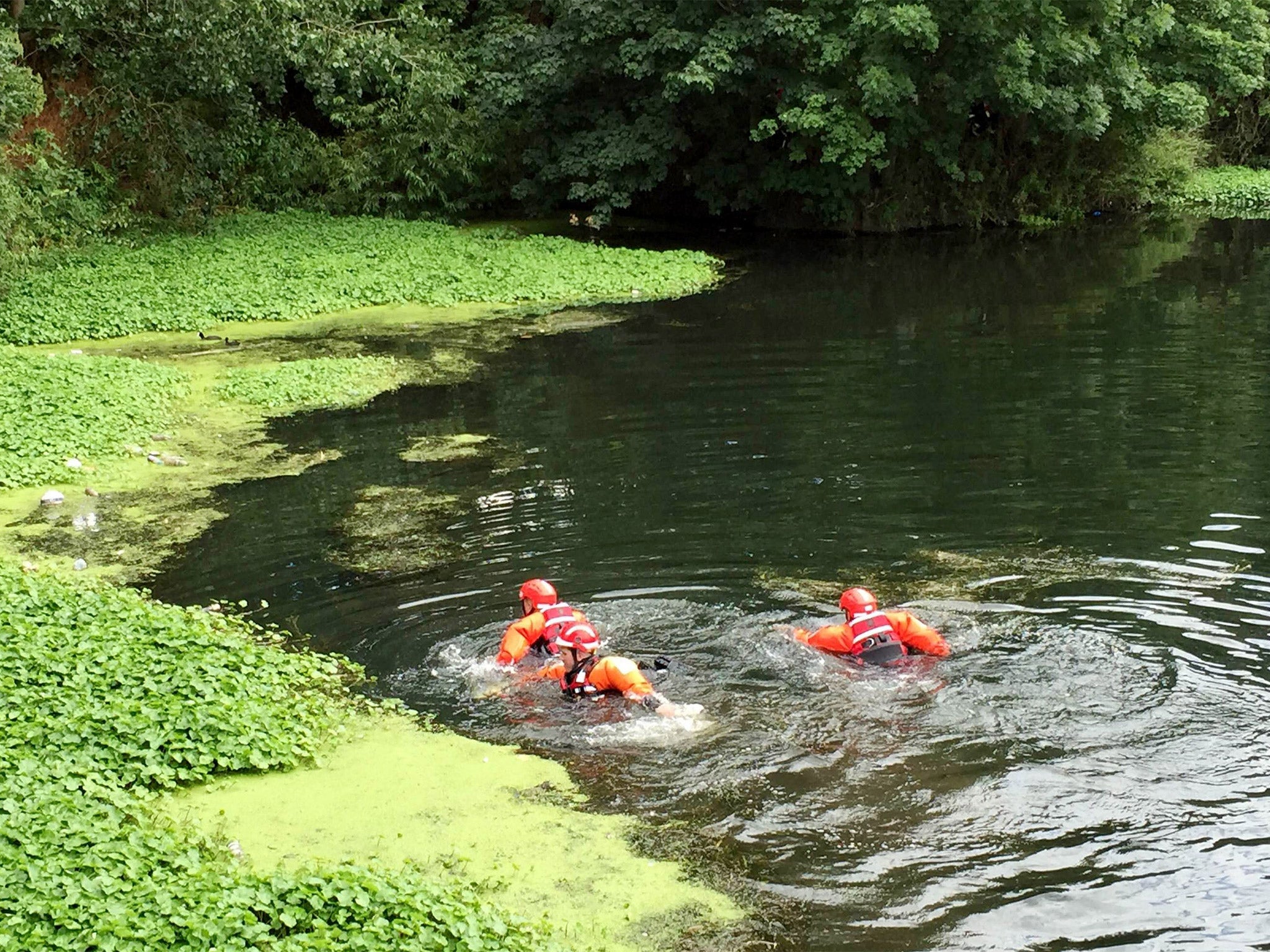 Rescuers attempt to recover the body from the River Lea