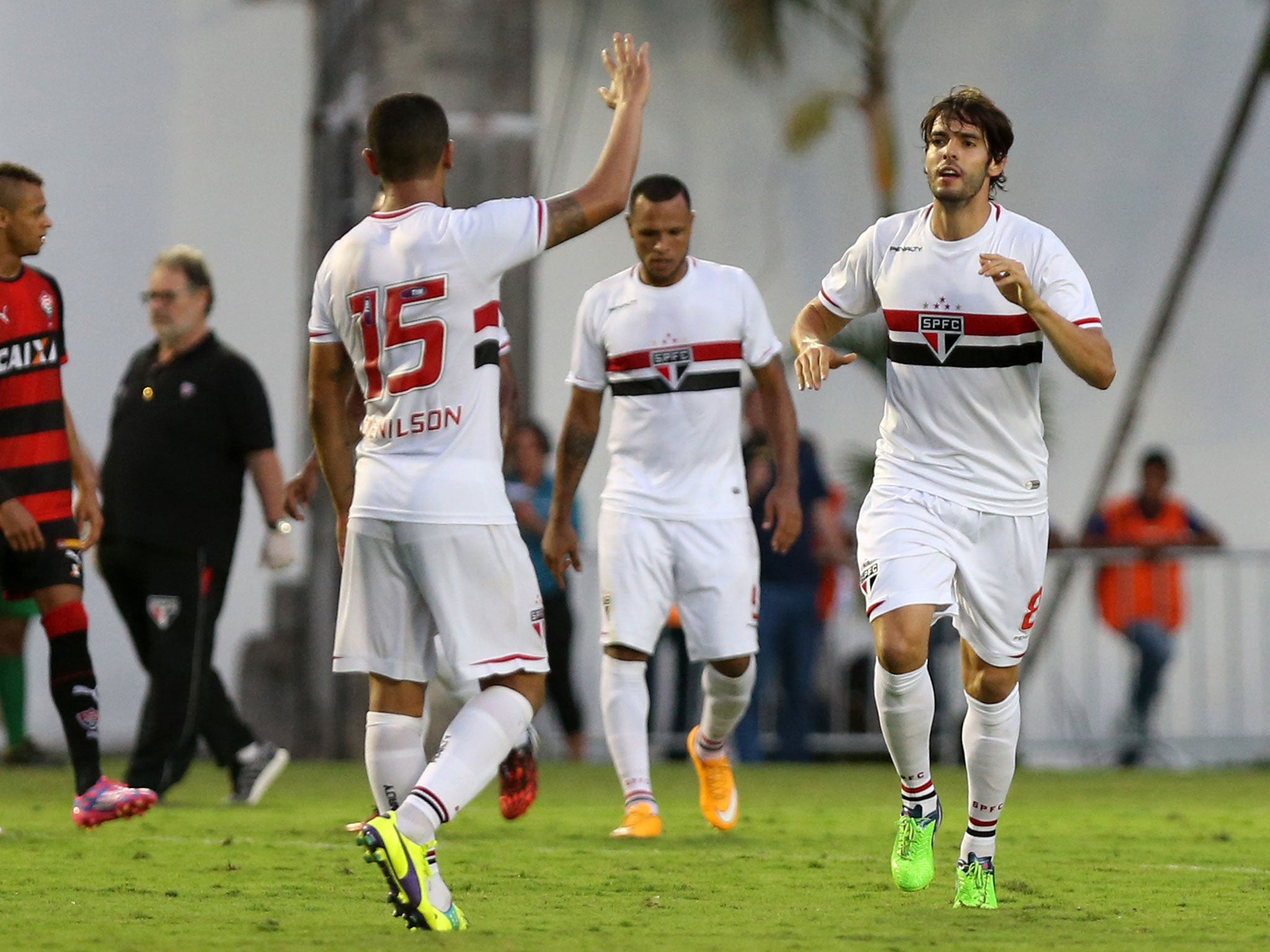 Kaka celebrates scoring a penalty for the MLS All-Stars