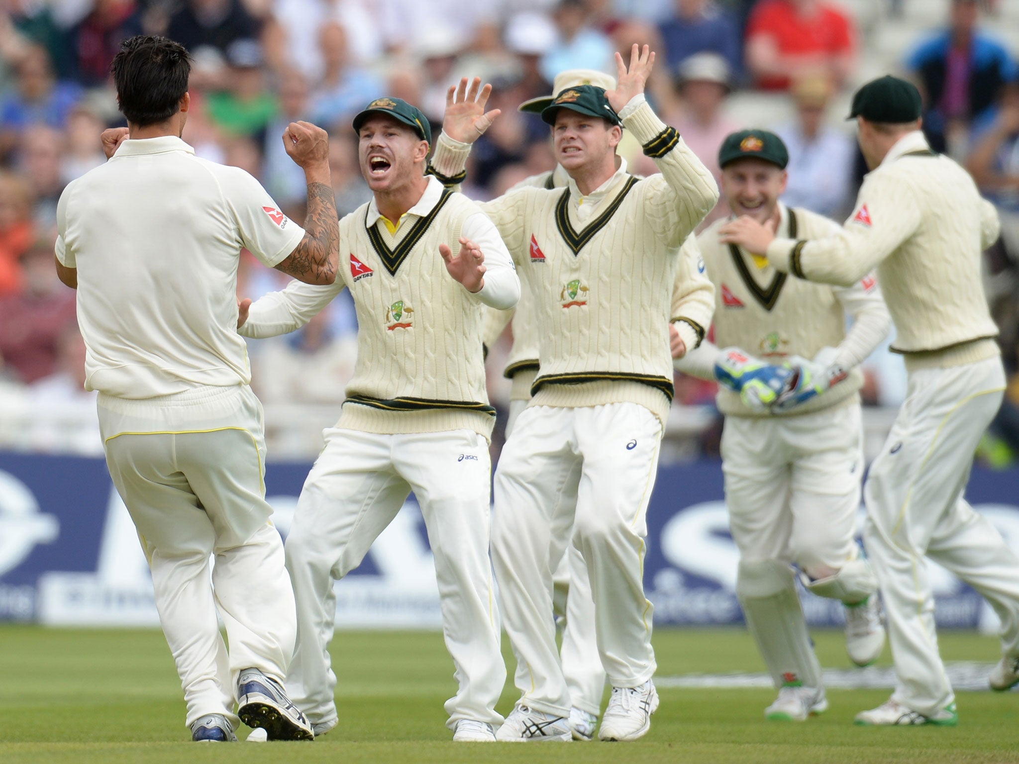 Australia celebrate the early wicket of Jonny Bairstow on day two