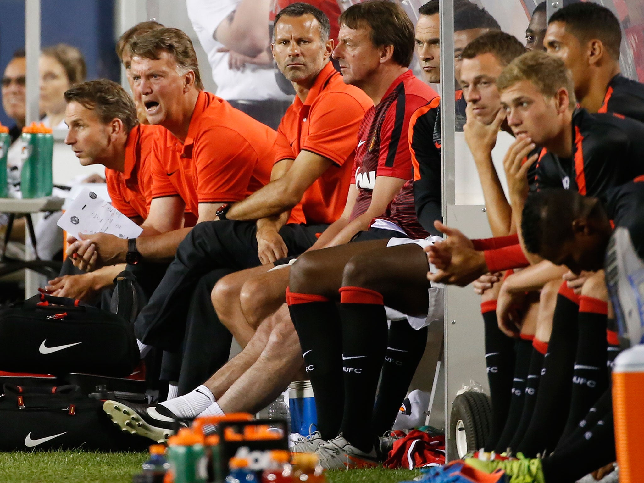 Louis van Gaal shouts his orders from the dug-out