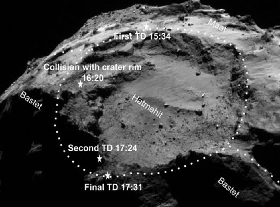 A photo issued by the European Space Agency (ESA) showing the location of the ‘Philae’ lander, which dropped into a hole on the comet just three feet away from a towering cliff