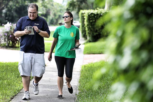 Carlos Muhletaler, a field director for the Kochs’ political network Americans for Prosperity, and canvasser Kristin Matheny on the streets of Boca Ratonon Tuesday (