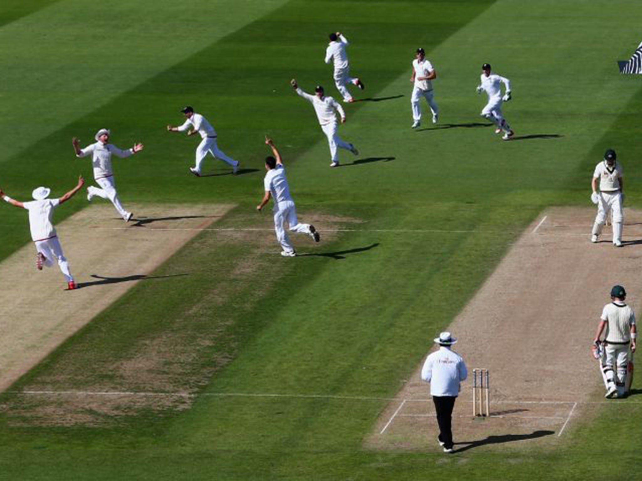 Steven Finn takes the wicket of Adam Voges