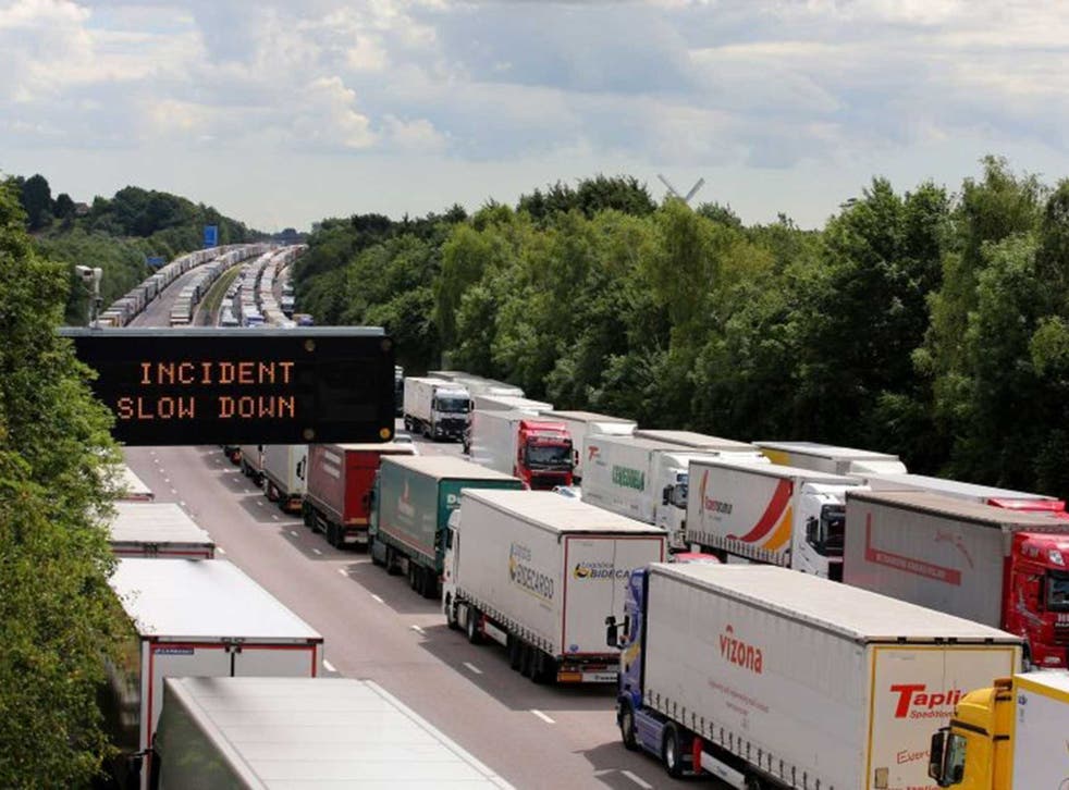 Lorries parked along the motorway as part of Operation Stack