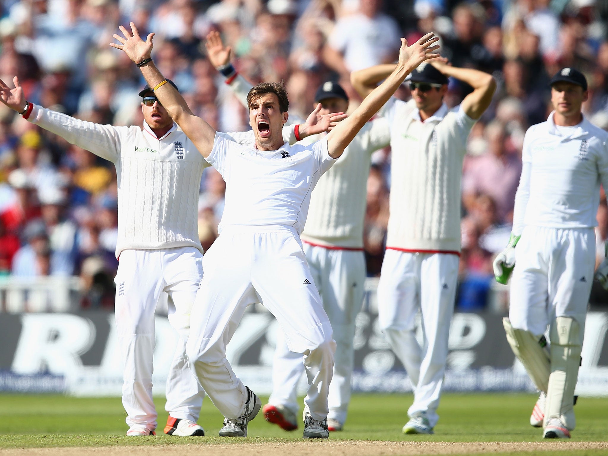 Steven Finn successfully appeals for a wicket on day two