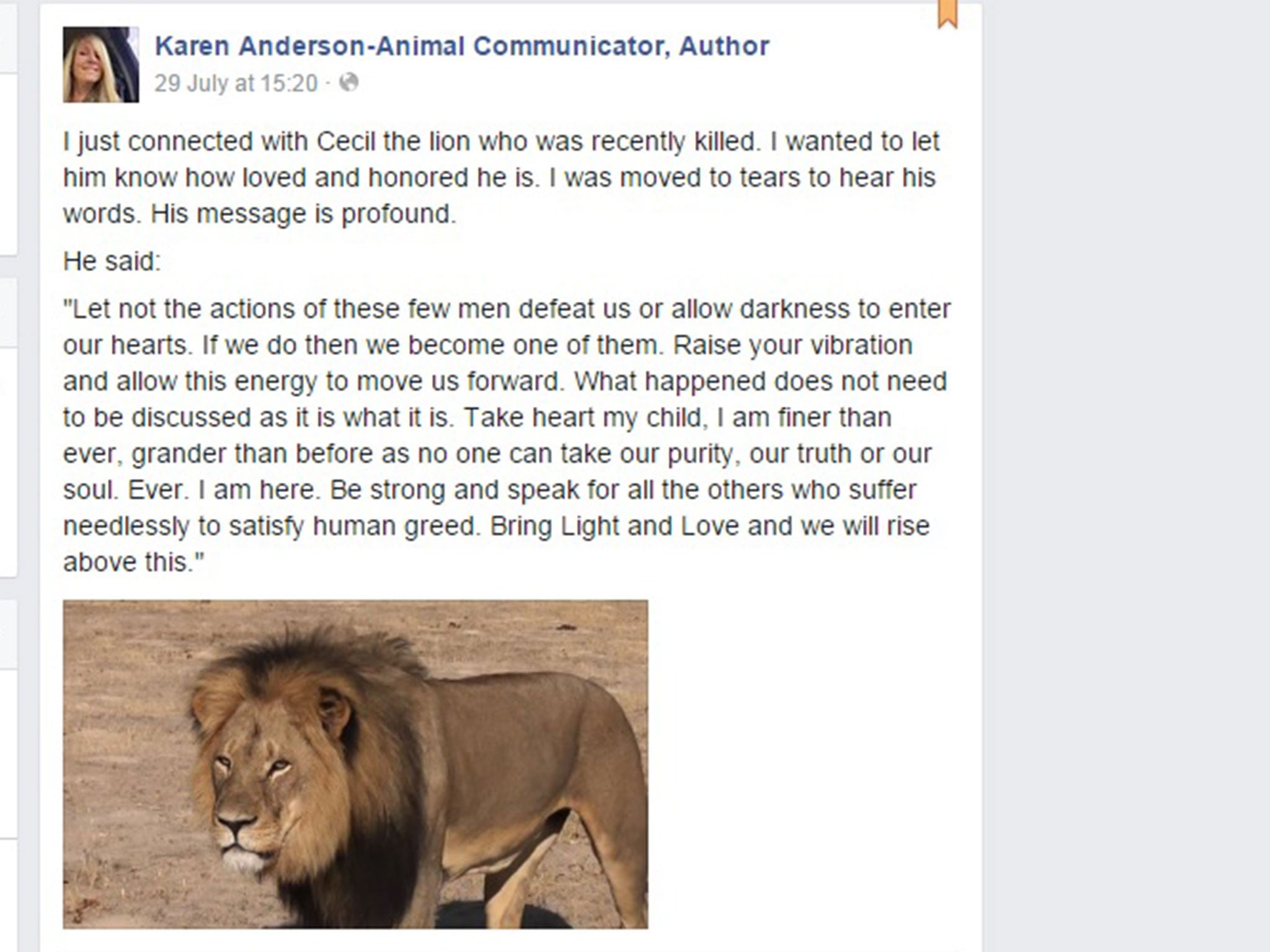 The mystic claims she had the following conversation with Cecil the lion