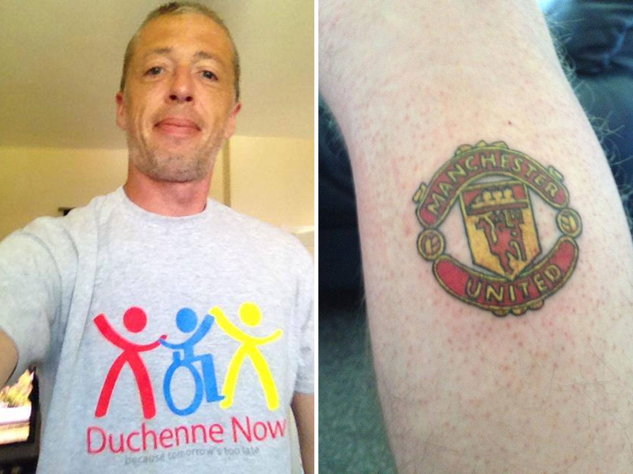 Manchester City fan gets Manchester United badge tattoo after raising over  £10,000 to help his sick son | The Independent | The Independent