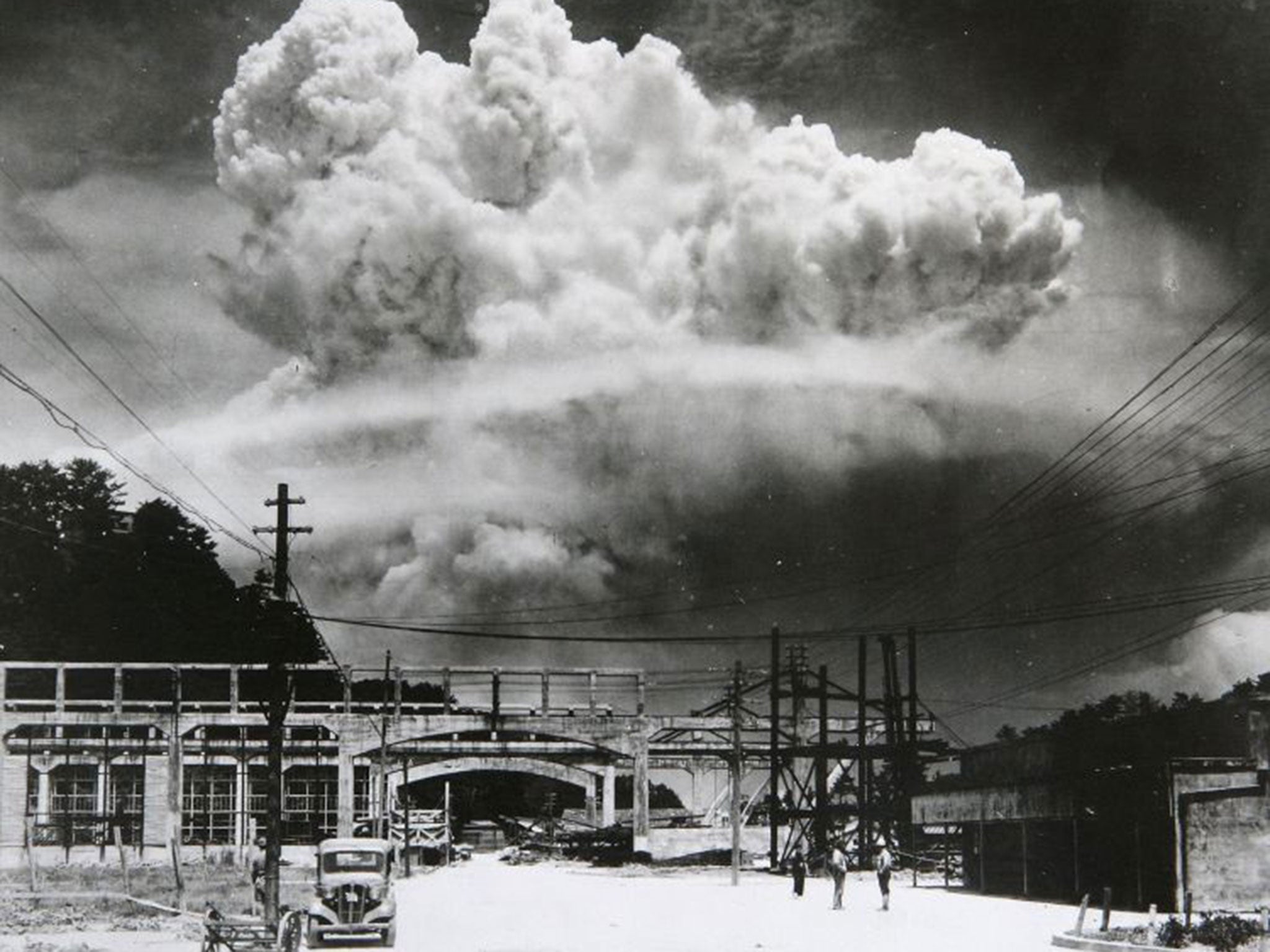 View of the radioactive plume from the bomb dropped on Nagasaki City, as seen from 9.6 km away, in Koyagi-jima, Japan, August 9, 1945