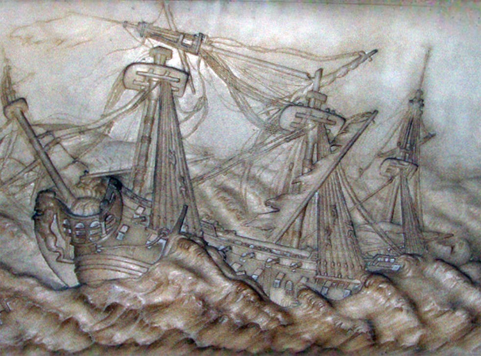 Detail of the Victory sinking on 4 October 1744 on the Balchen Memorial in Westminster Abbey, London