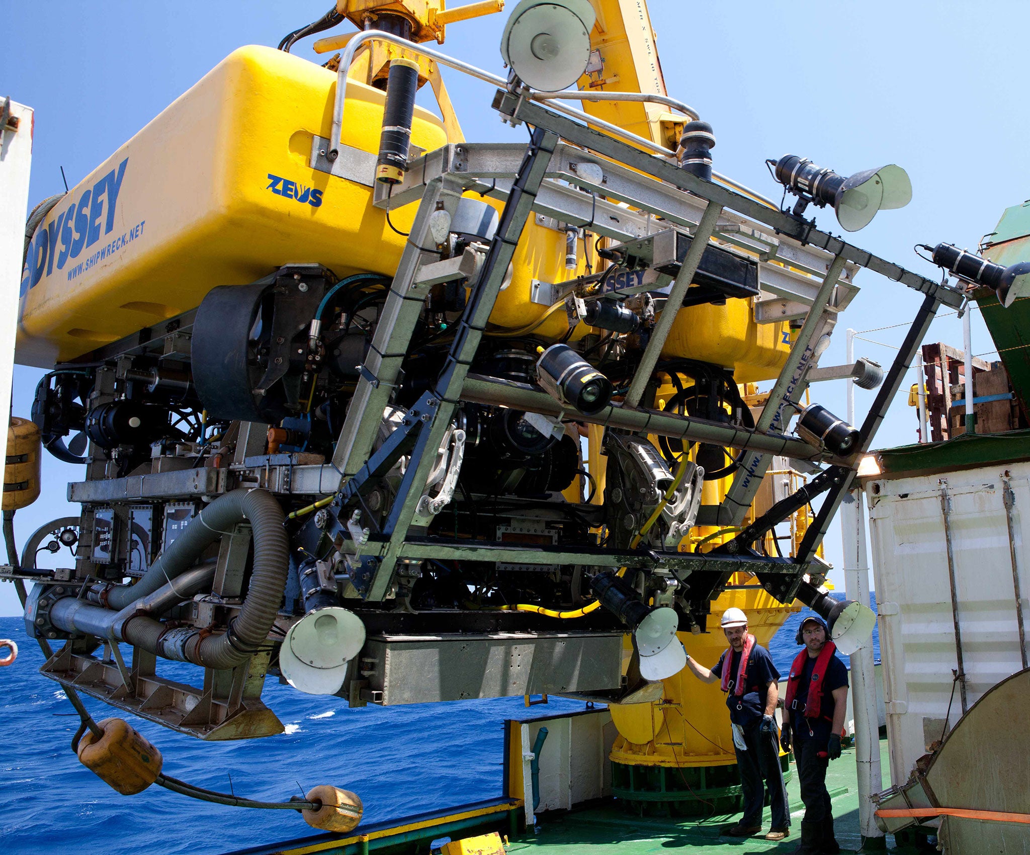 The 7-ton Remotely-Operated Vehicle Zeus, being prepared for archaeological operations (Odyssey Marine Exploration.)