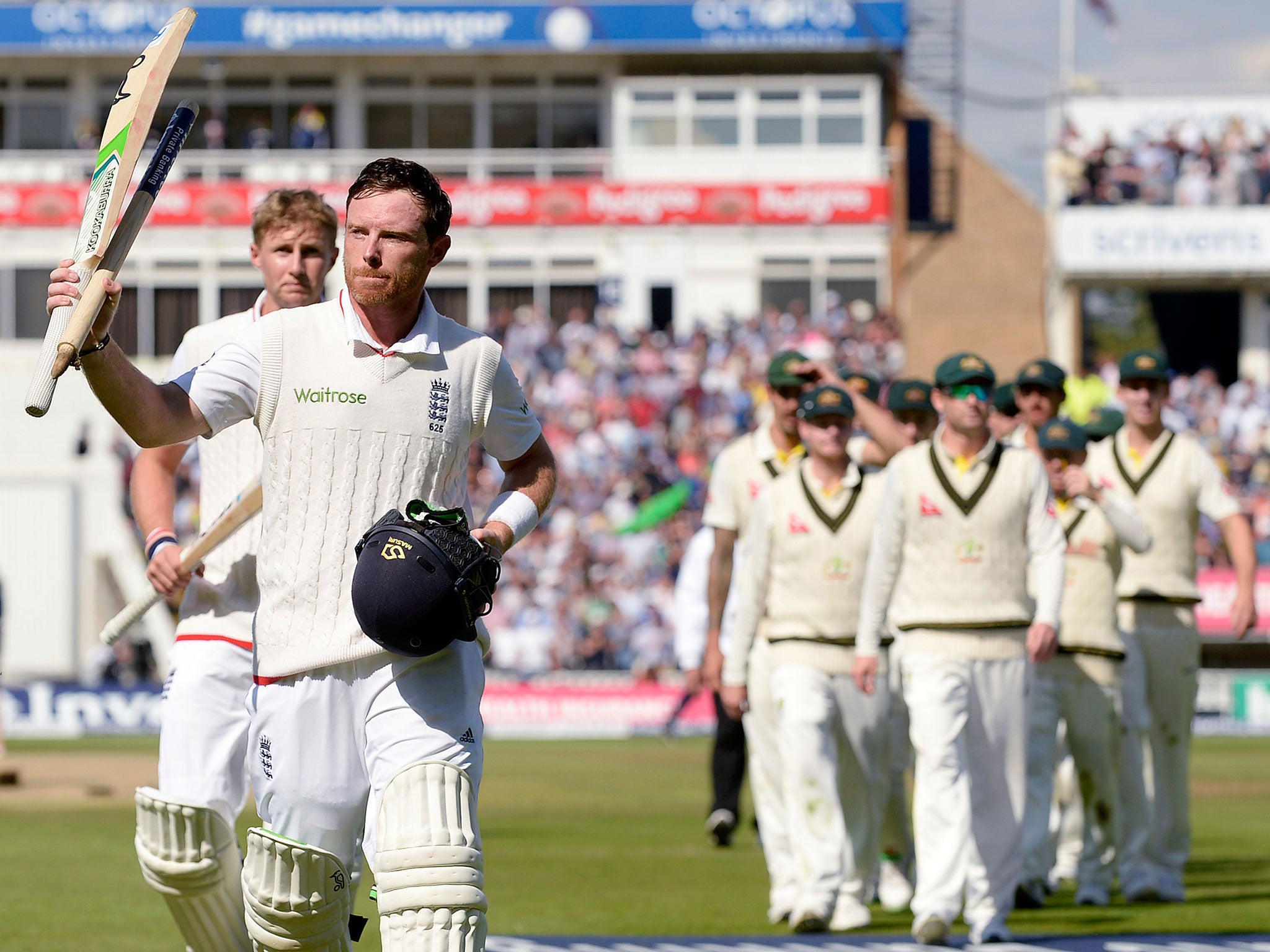 Ian Bell salutes the crowd at Edgbaston yesterday after hitting his second half century of the match