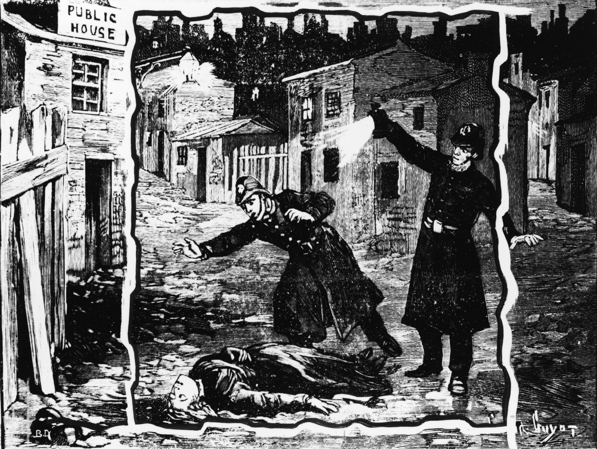 An illustration shows police officers discovering the body of one of the Ripper's victims