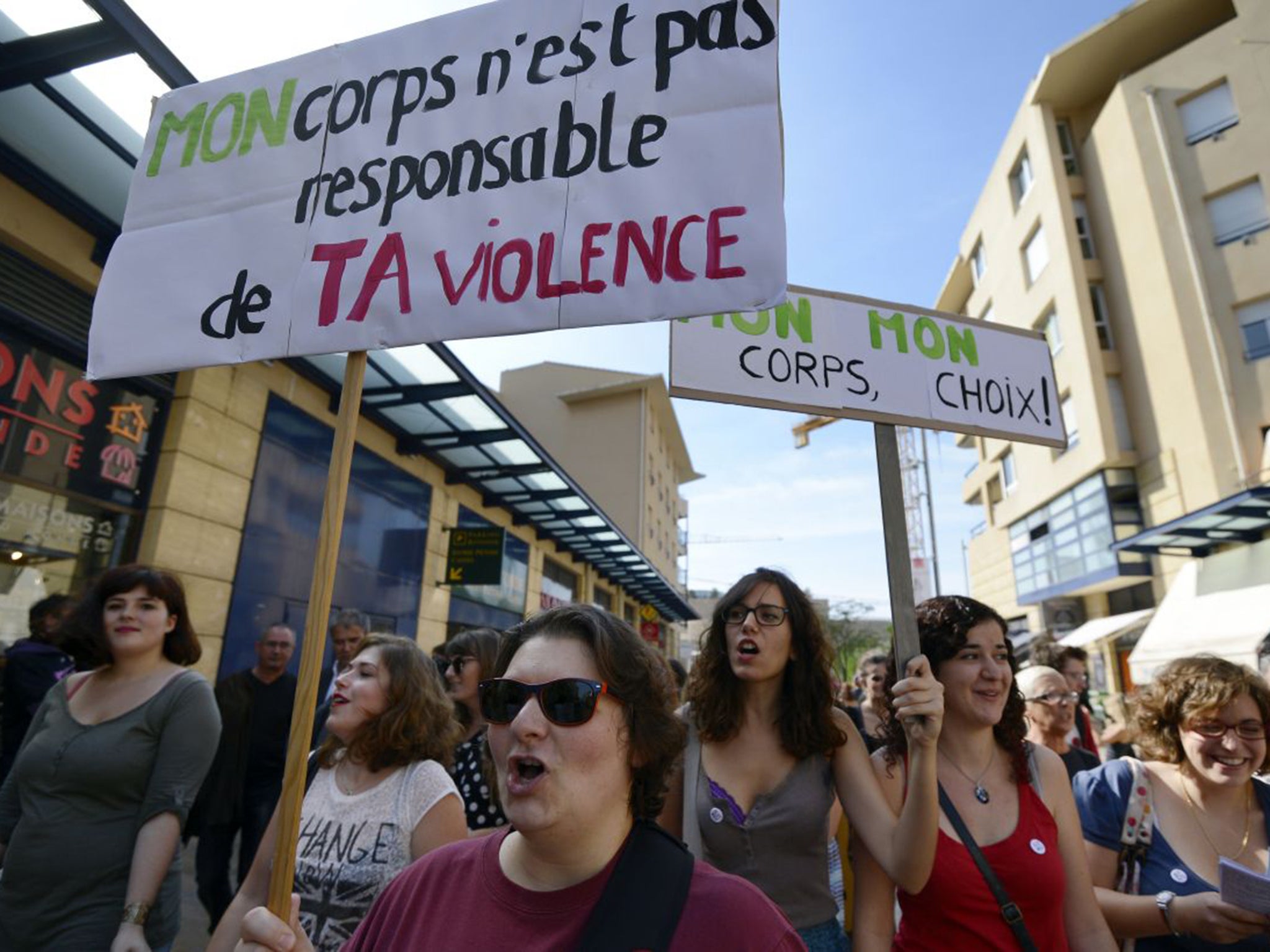 French people march through the city of Aix-en-Provence taking part in a "Slut Walk": a protest against the victimisation of sexual abuse victims