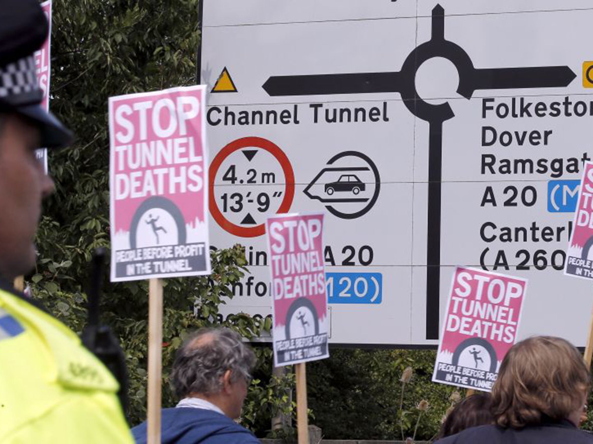 Protestors in Folkestone demonstrate in support of the Calais-based migrants. They are urging Eurotunnel to take greater precautions to help prevent further deaths of those attempting to enter Britain