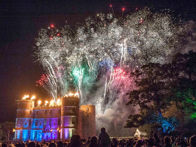 Finale fireworks above Lulworth Castle on day 3 of Camp Bestival 2015, Lulworth Castle, Dorset.