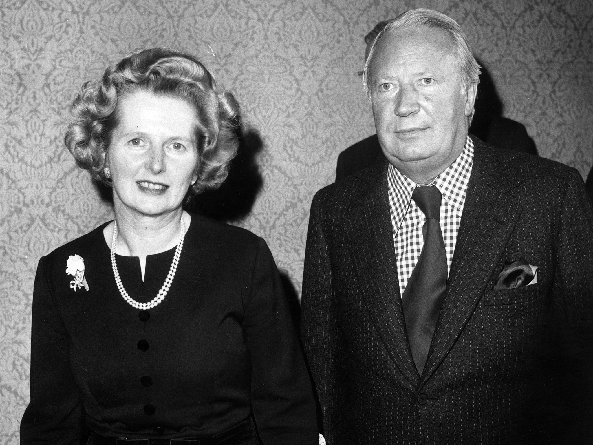 Deposed Conservative party leader Edward Heath with his successor Margaret Thatcher, 1975