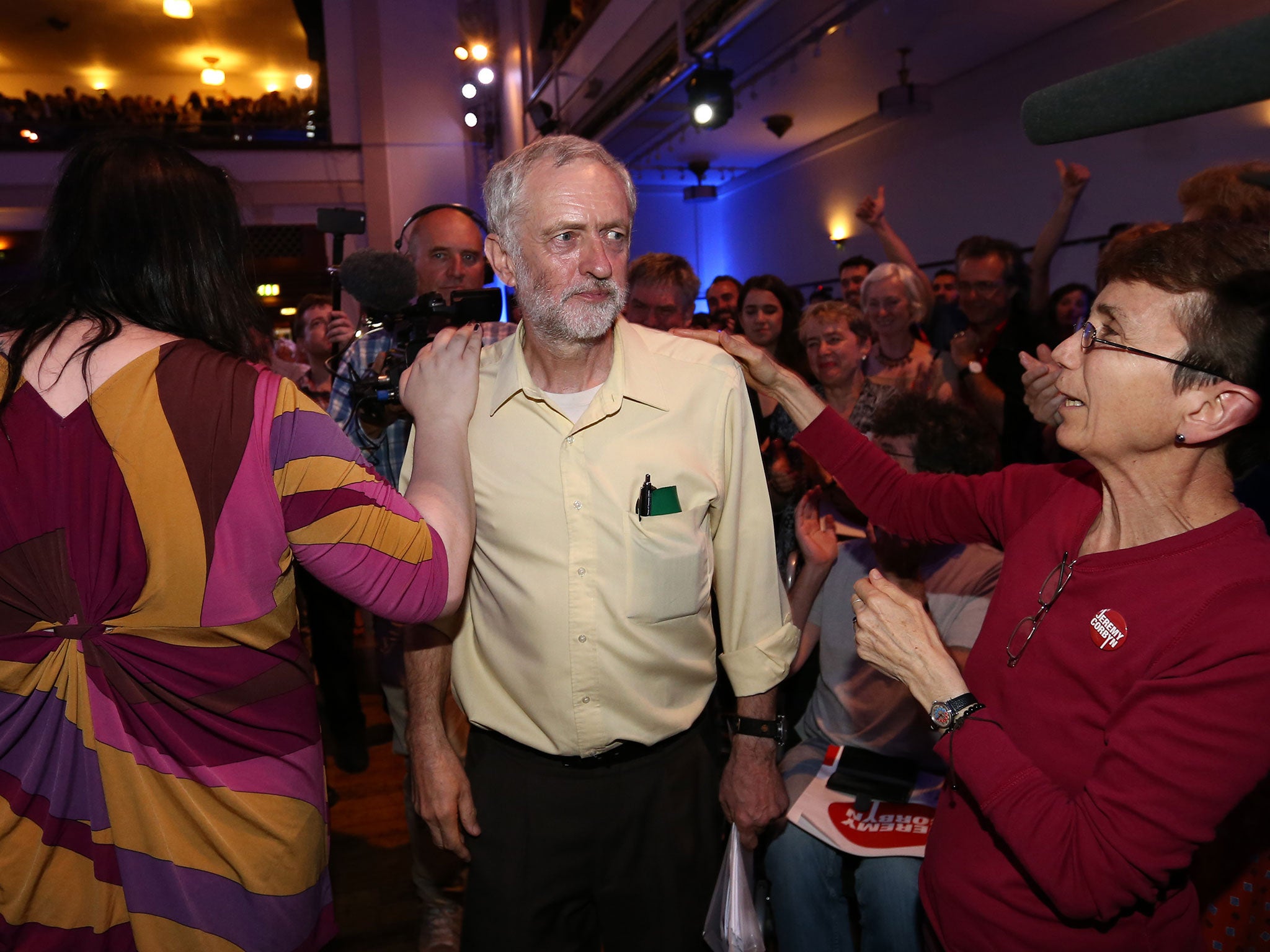 Jeremy Corbyn greeted by supporters in at a Labour leadership rally Camden, North London