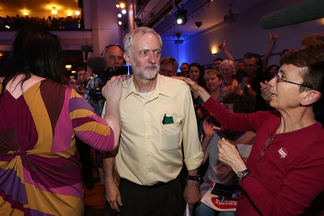 Jeremy Corbyn greeted by supporters in at a Labour leadership rally Camden, North London