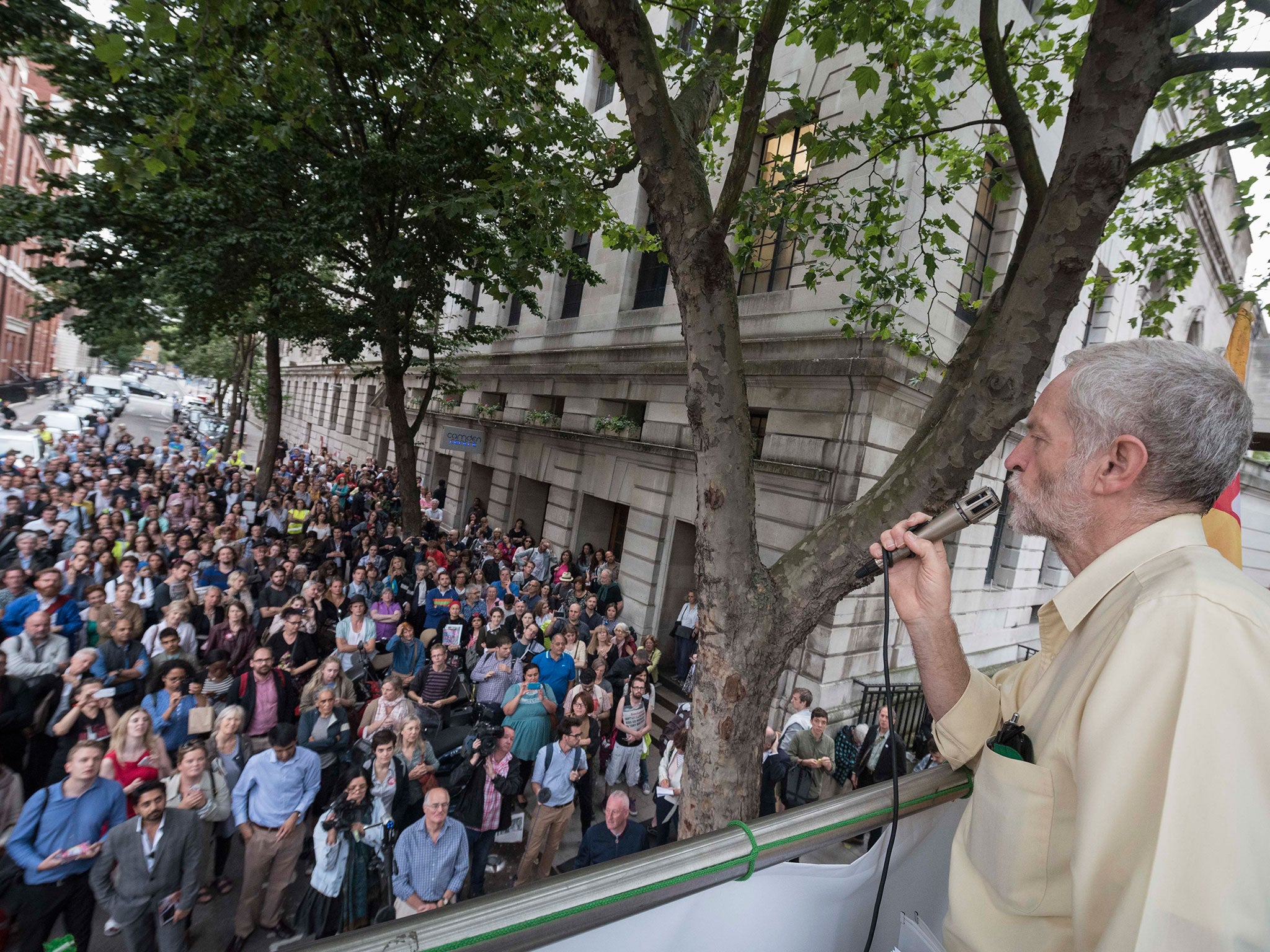 Jeremy Corbyn addresses supporters from the top of a fire engine after one of his rallies spilled into the street (Lee Thomas)