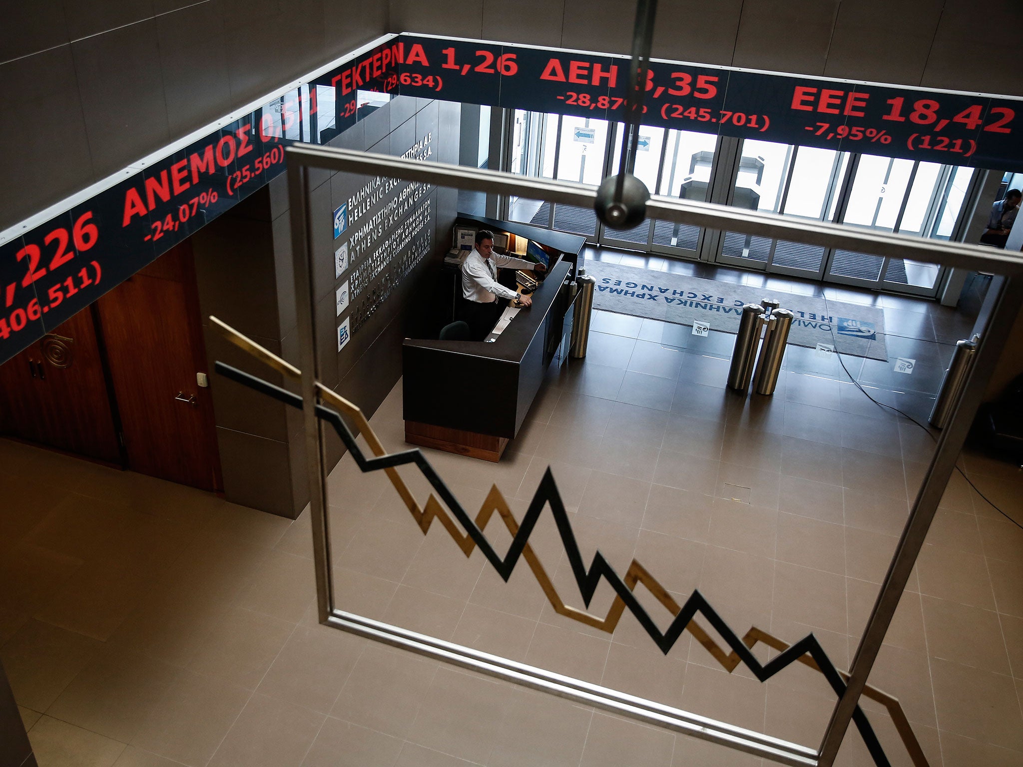 The Greek stock market opened for the first time in five weeks, only to fall 23 per cent within minutes