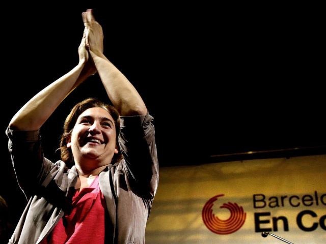 Ada Colau, the new mayor of Barcelona, celebrates Podemos' success