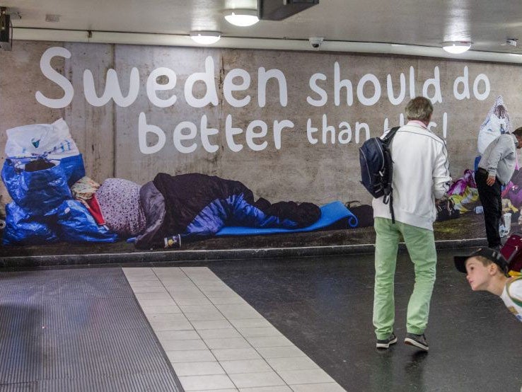 One part of the advert, which shows pictures of rough sleepers with the words 'Sweden should do better than this'