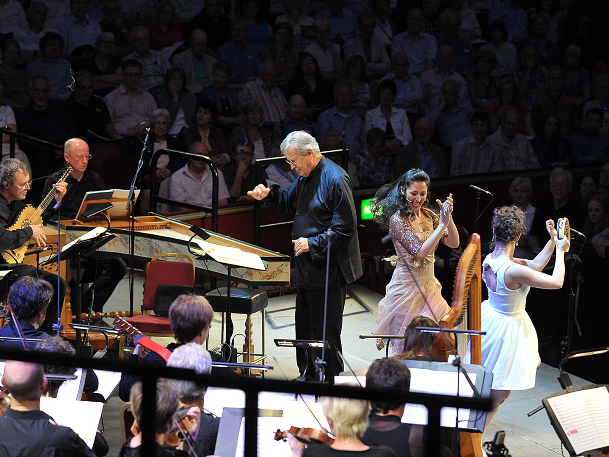 (L-R) Mariana Flores and Francesca Aspromonte as Eurydice and Music in a performance of Monteverdi’s Orfeo at the BBC Proms on Tuesday 4 August, with the English Baroque Soloists, conducted by Sir John Eliot Gardiner.