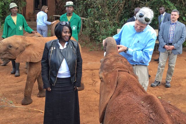 Professor Judi Wakhungu and John Kerry, the US Secretary of State, meet conservation workers