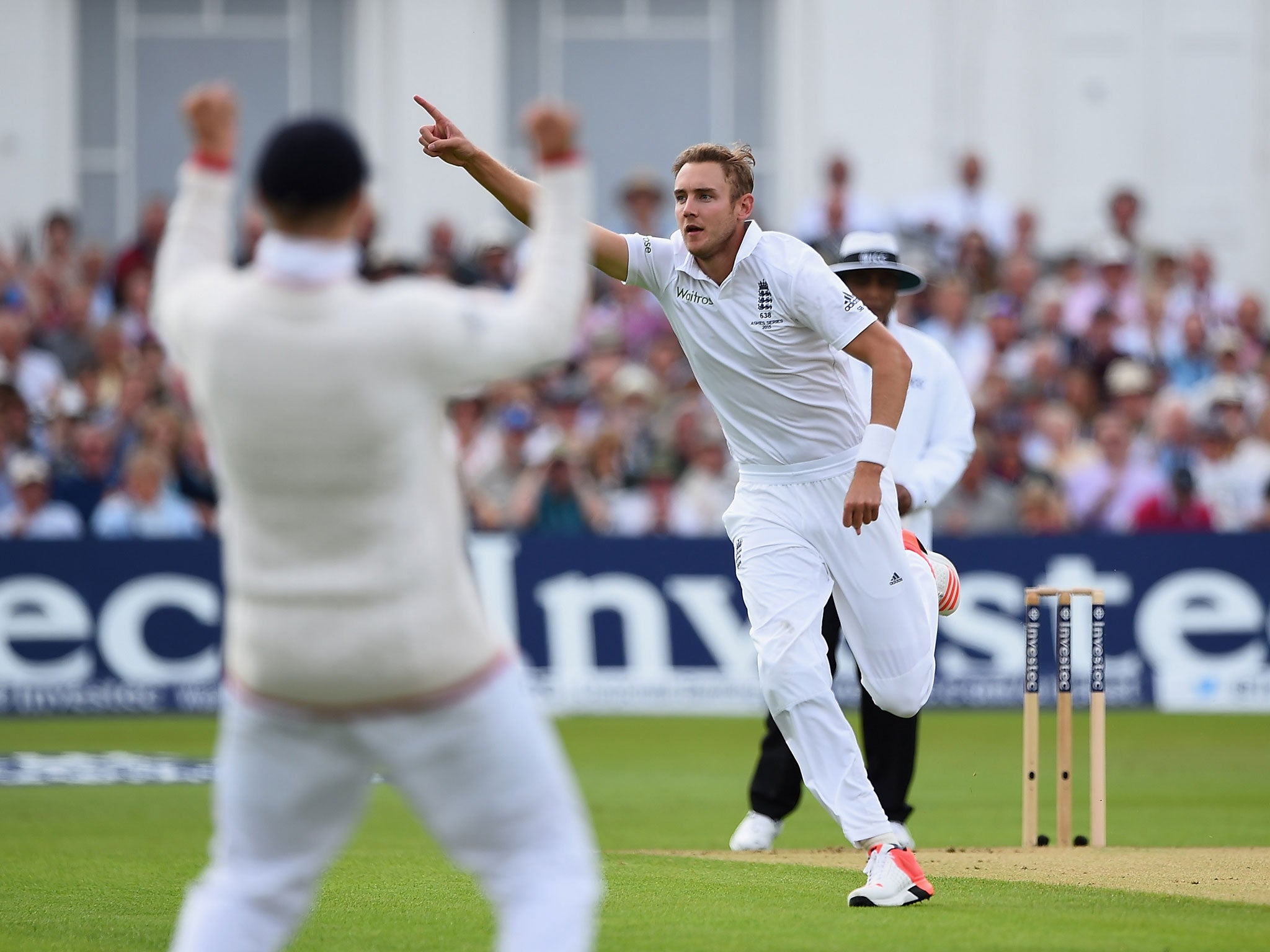 Stuart Broad of England celebrates the wicket of Chris Rogers