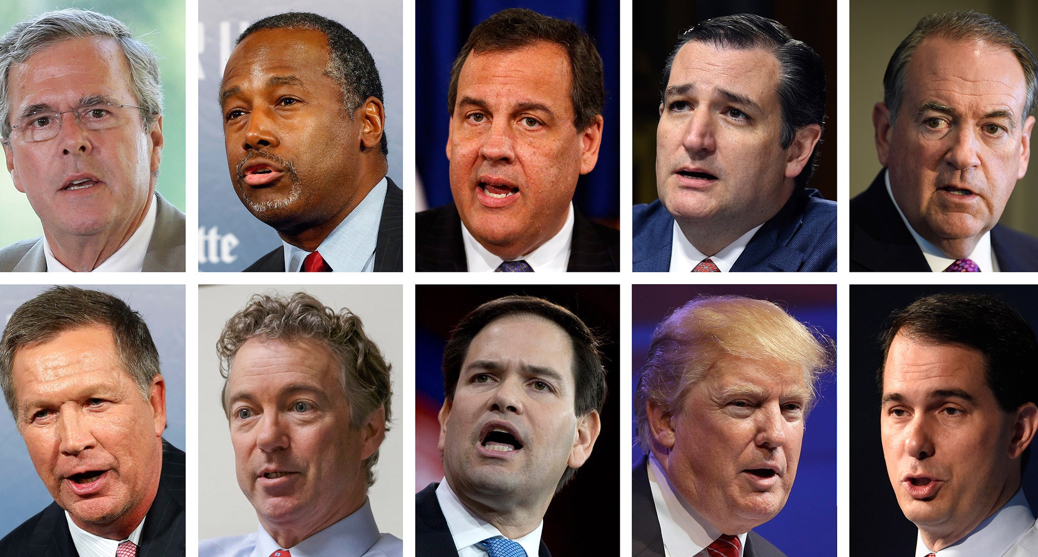 From top left: Republican presidential candidates Jeb Bush, Ben Carson, Chris Christie, Ted Cruz, Mike Huckabee and from bottom left: John Kasich, Rand Paul, Marco Rubio, Donald Trump and Scott Walker