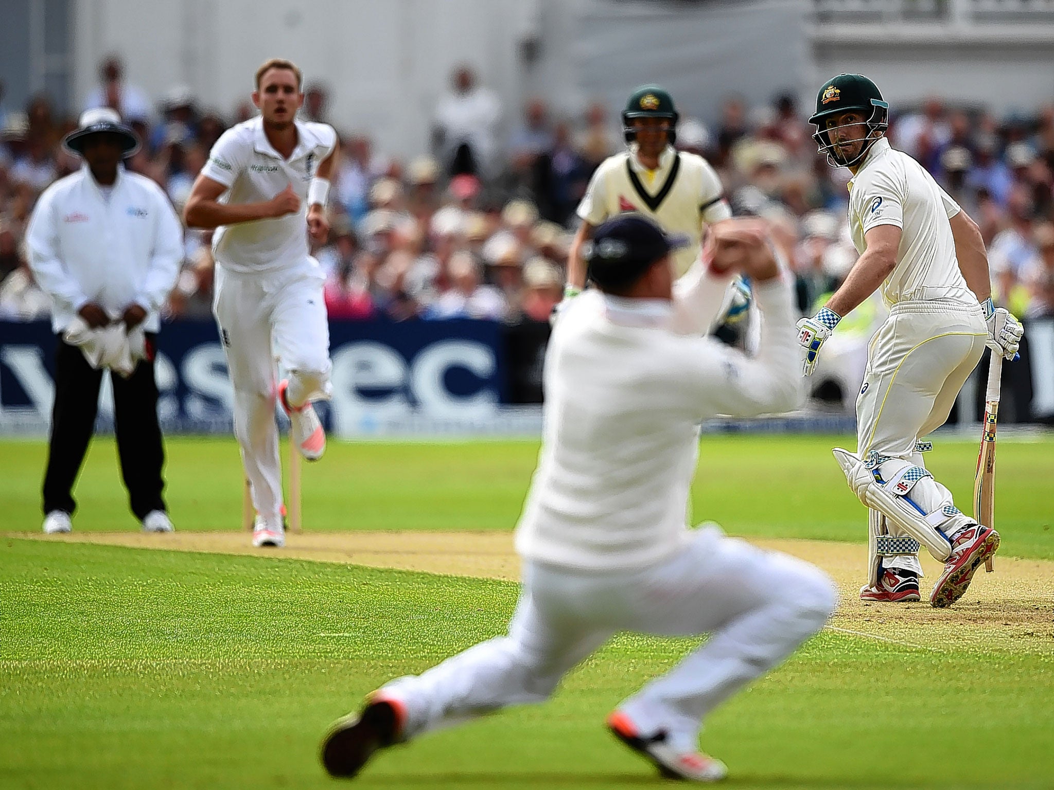 Shaun Marsh is caught by Ian Bell to become the third of Stuart Broad’s eight wickets at Trent Bridge